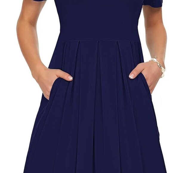 Women's Short Sleeve Summer Dress Pleated Loose Swing Knee Length Dresses with P - Picture 1 of 5